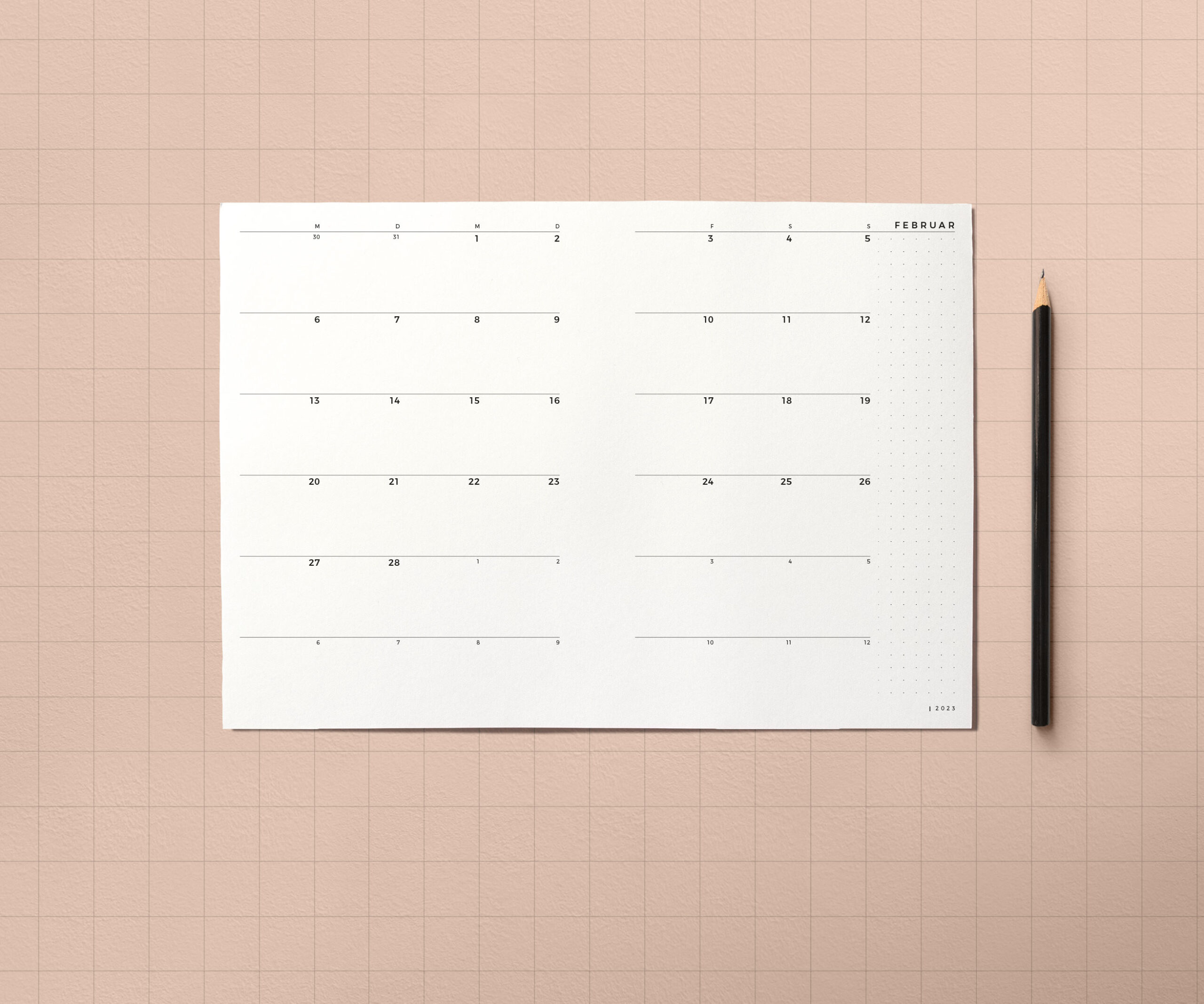 Digitale Druckvorlage für eine 2-seitige Monatsübersicht im Kalender