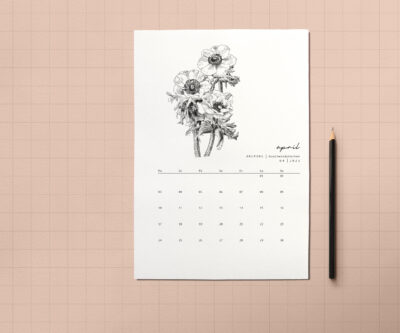 Digitale Monatsübersicht zum ausdrucken mit botanischen zeichnungen