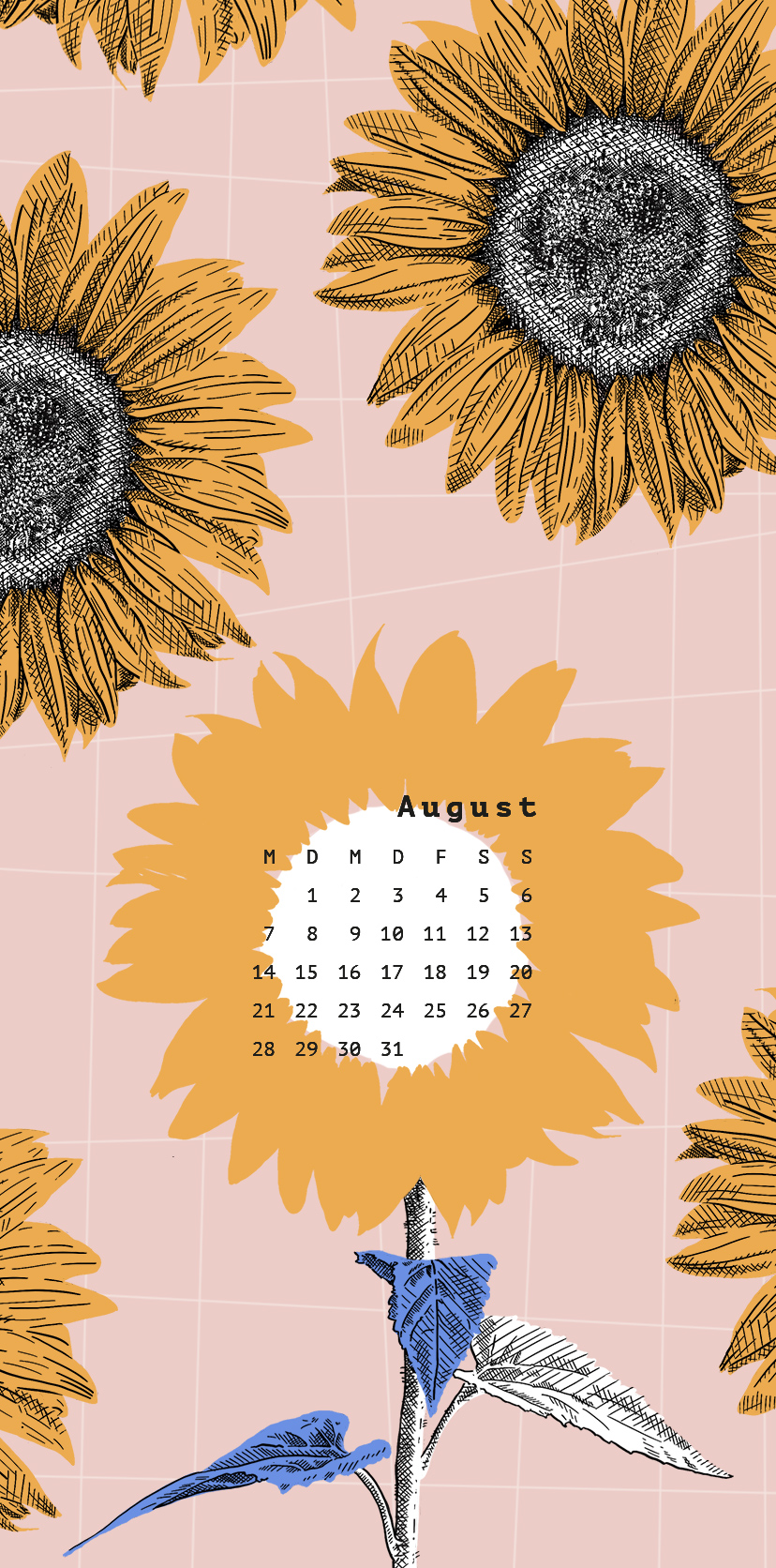 Sonnenblumen-Wallpaper mit Kalender für August 2023