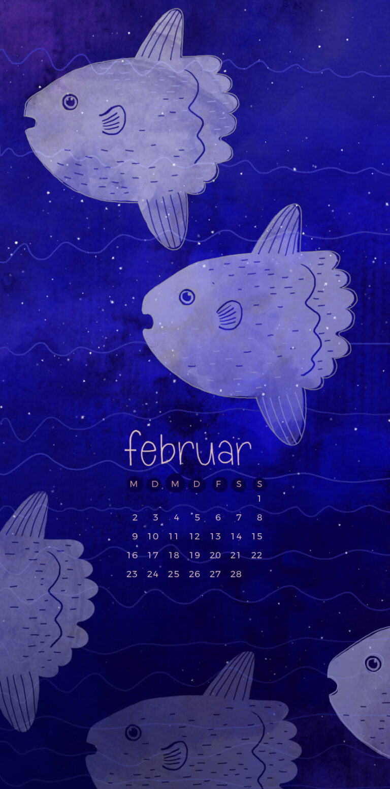 Mondfisch Handyhintergrund mit Kalender für Februar 2026