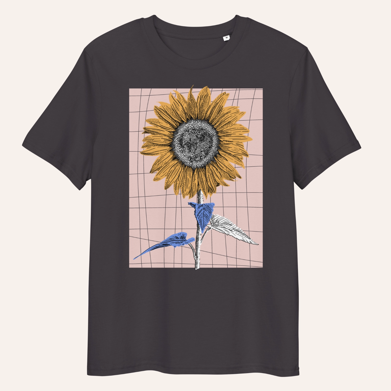 Sonnenblumenzeichnung mit Karo-Hintergrund auf Bio-Shirt