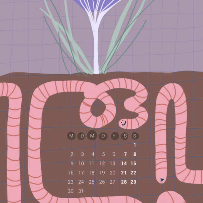 Regenwurm und Krokus mit Kalender für März 2026 als Wallpaper für's Smartphone