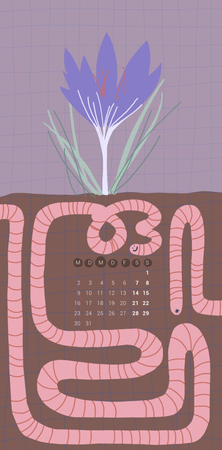 Regenwurm und Krokus mit Kalender für März 2026 als Wallpaper für's Smartphone